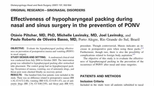 Eficiência de bolsas hipofaríngeas durante cirurgia nasal e de sinos na prevenção de VNPO