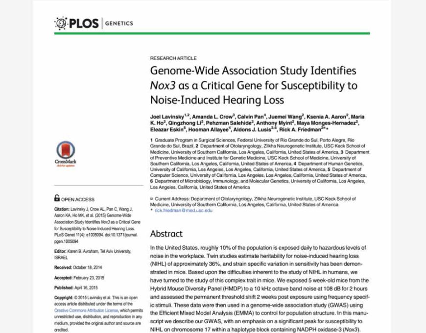 Estudo de associação genômica ampla identifica Nox3 como um gene importante para a suscetibilidade de perda auditiva induzida por barulho